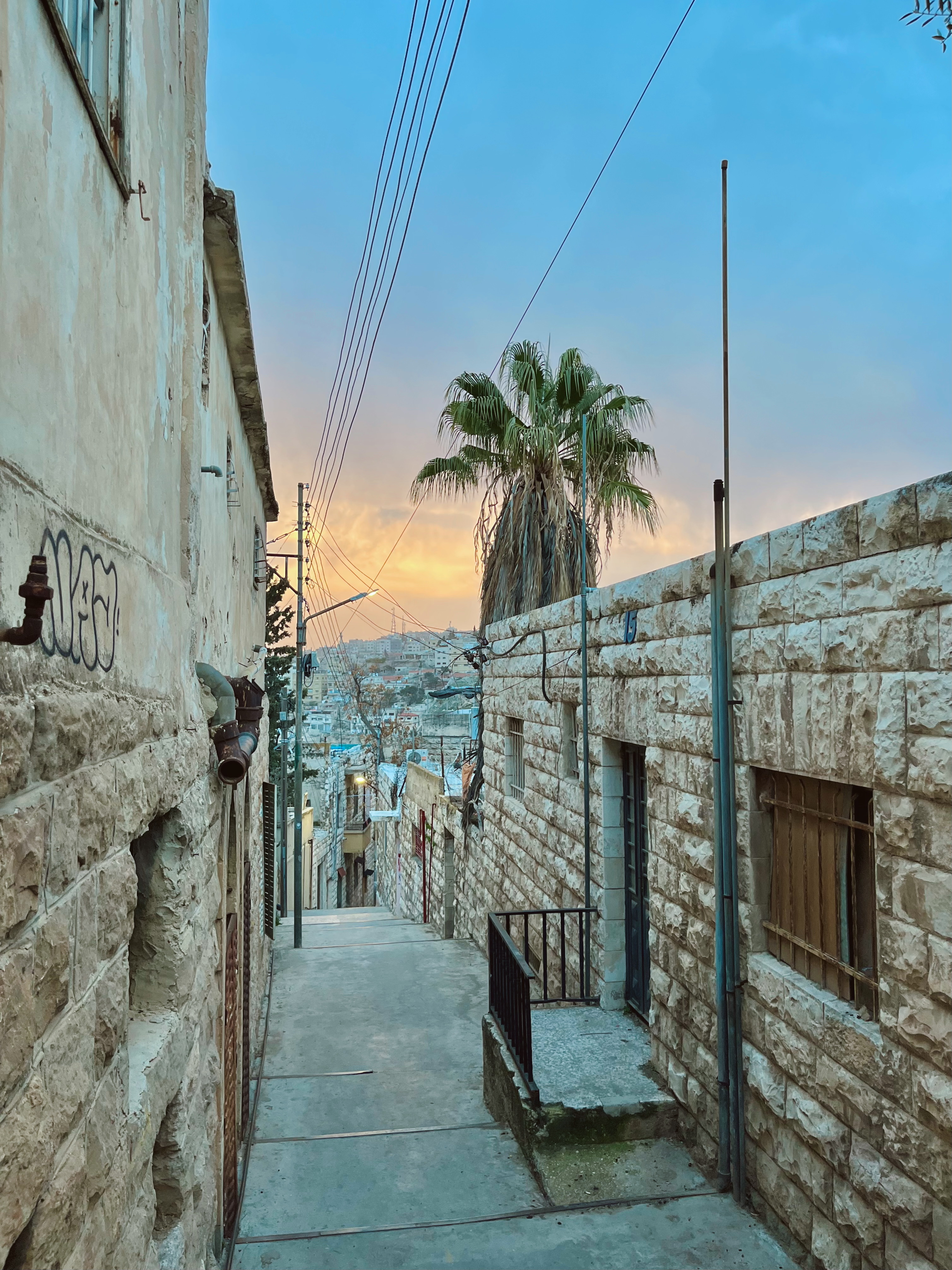 Amman auringonnousun aikaan, kuvattuna Rainbow Streetiltä. Kuvassa näkyy kiviset portaat, palmupuu ja kaupungin rakennuksia taustalla